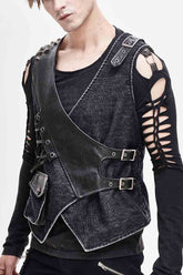 Gilet Punk pour Homme en Cuir Asymétrique à Col V Noir avec Lacets, Boucle d'Épaule, Rivets et Velours Côtelé
